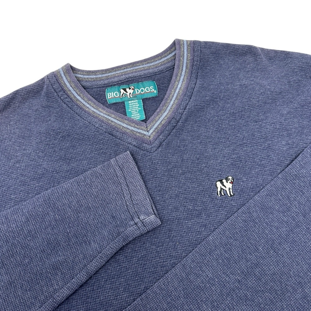 BIG DOGS‎ Vintage Men's Blue Ribbed V-Neck Pullover Long Sleeve Thermal Medium